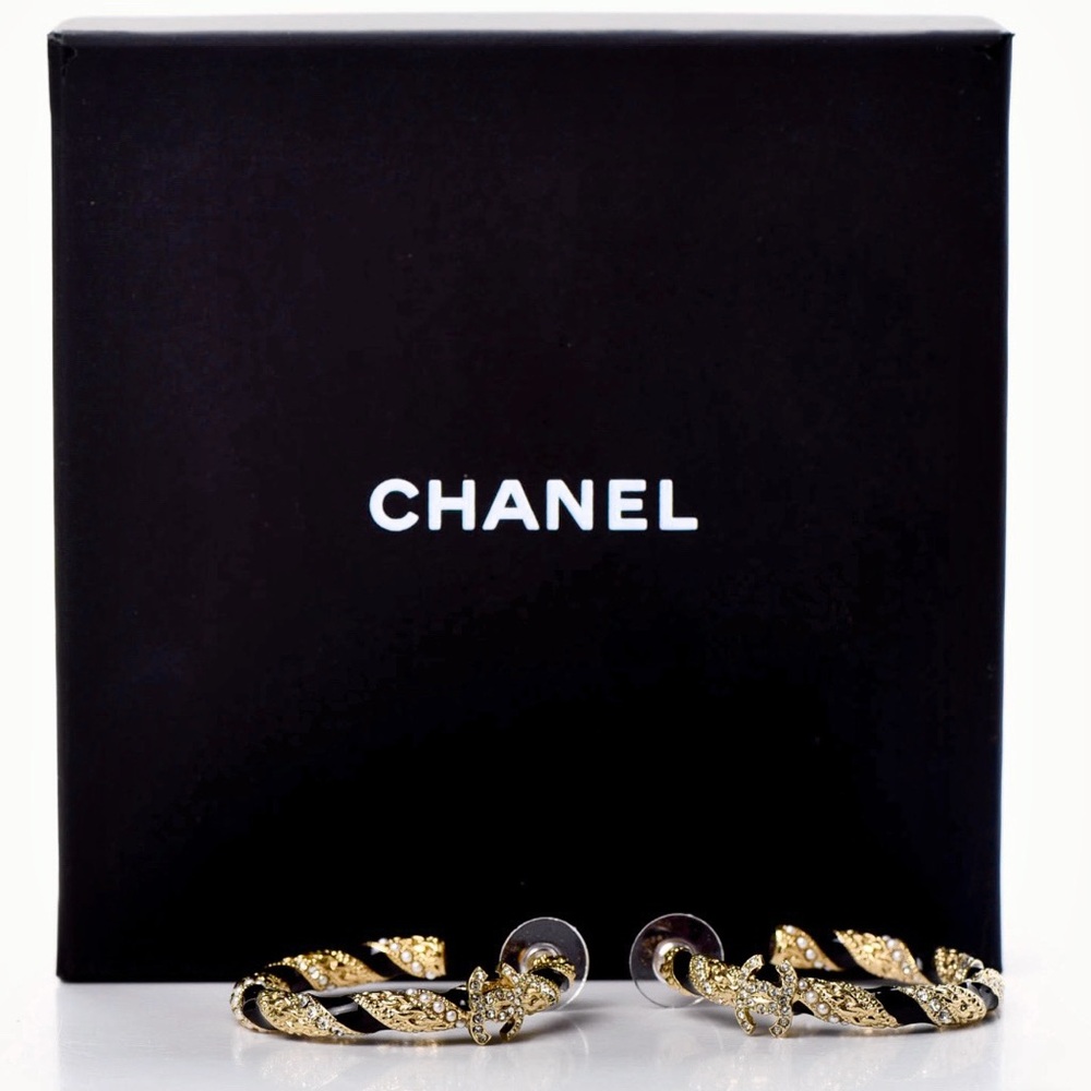 CHANEL Crystal Pearl Twist CC Hoop Earrings in Gold and Black.